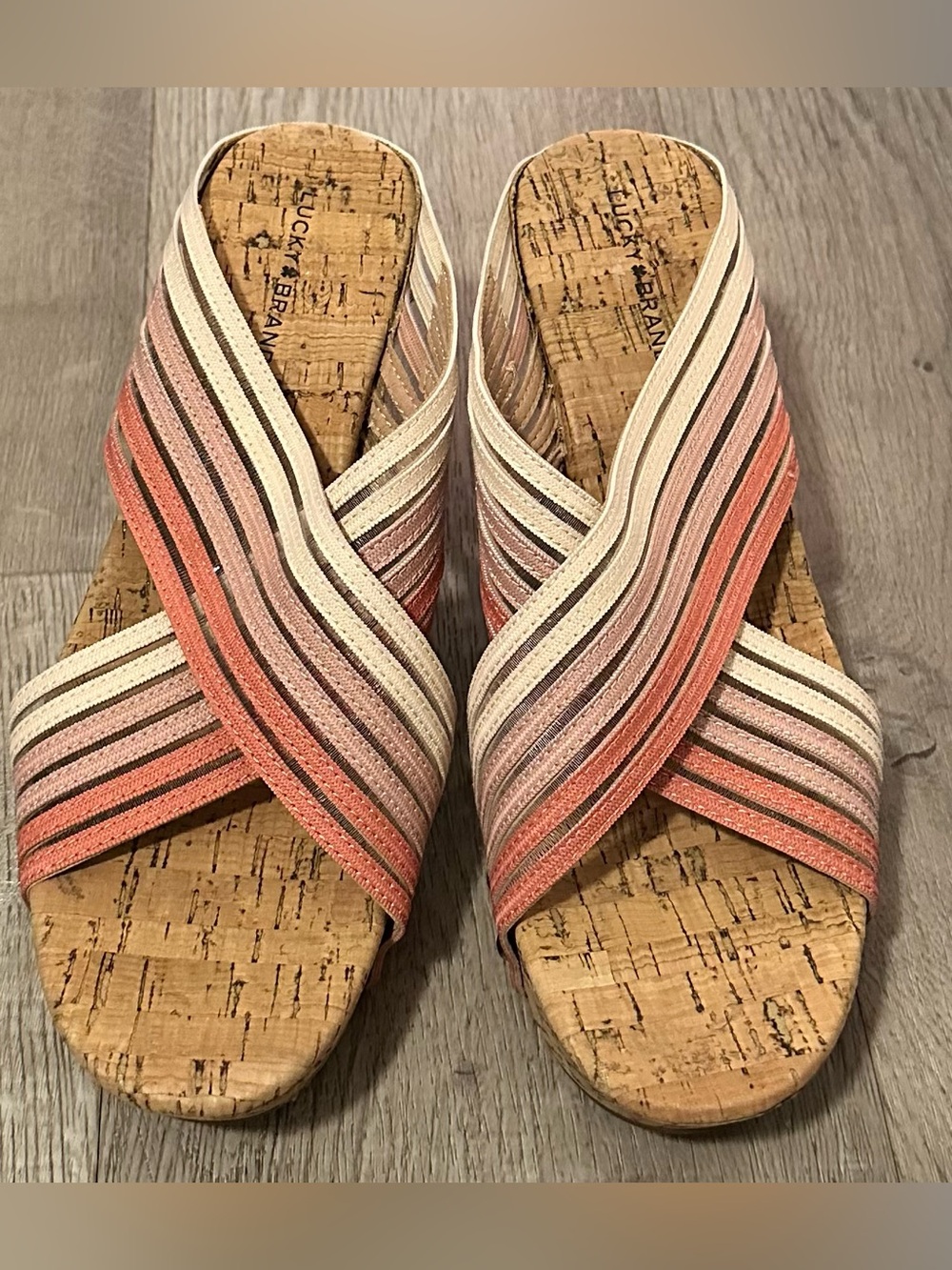 Lucky Brand Mykayla Cork Wedge Sandals Size 10M Coral Pink Stripe